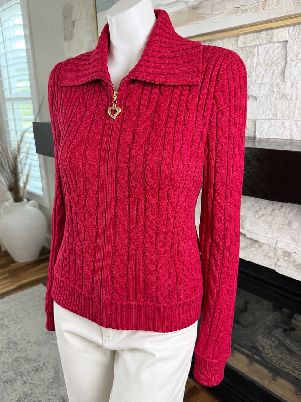 St. John Collection Metallic Cable Knit Zip Cardigan Heart Pull Raspberry S